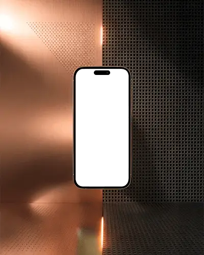 modern-iphone-15-mockup-smartphone-floating-in-industrial-scene-with-metal-and-copper-light-panels