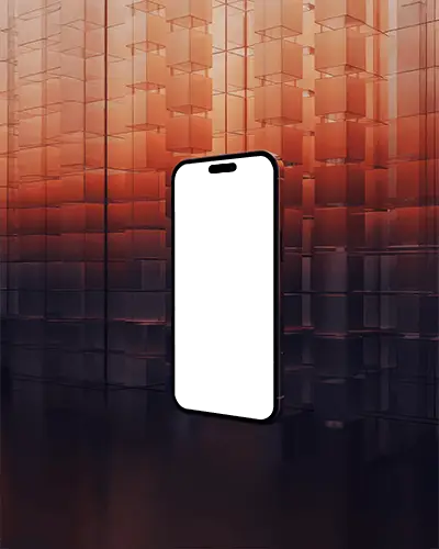 futuristic-iphone-16-mockup-smartphone-floating-in-abstract-glass-structure-with-orange-light-glow