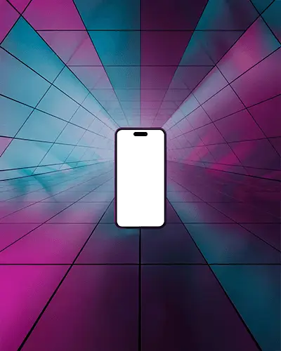 futuristic-iphone-15-plus-mockup-smartphone-in-glowing-neon-tunnel-with-blue-and-pink-light-panels