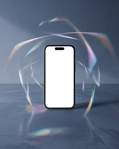 futuristic-iphone-14-pro-mockup-smartphone-surrounded-by-holographic-light-trails-in-studio-setting