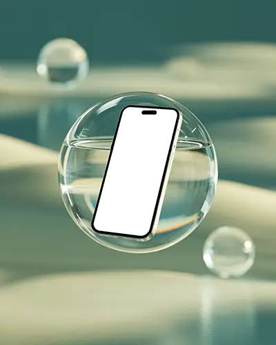futuristic-iphone-16-plus-mockup-smartphone-floating-inside-glass-bubble-in-surreal-studio-setting