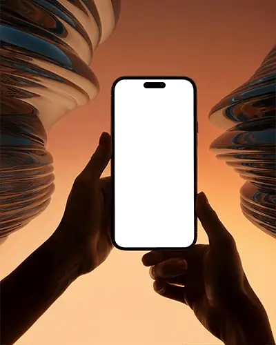 sleek-iphone-14-pro-mockup-device-held-in-both-hands-with-reflective-metal-shapes-and-warm-light