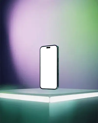 futuristic-iphone-15-pro-mockup-smartphone-above-glowing-platform-with-purple-and-green-light