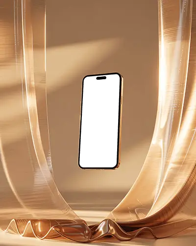 futuristic-iphone-16-mockup-smartphone-floating-amidst-translucent-golden-curtains-in-studio-light