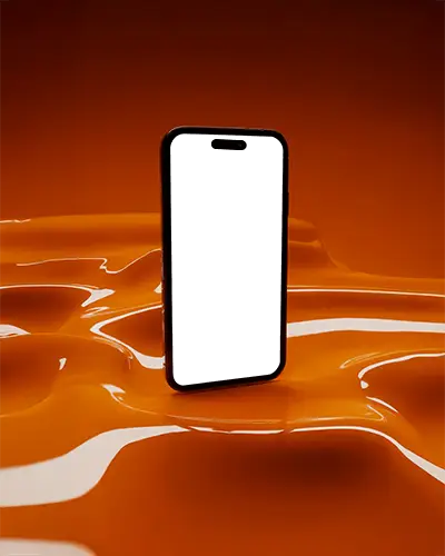 futuristic-iphone-14-pro-mockup-smartphone-standing-on-glossy-liquid-orange-surface-in-studio-light
