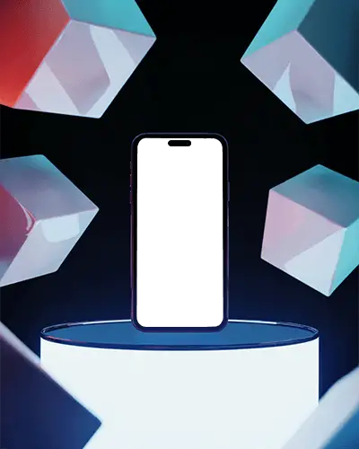 futuristic-iphone-15-plus-mockup-smartphone-on-glowing-podium-surrounded-by-floating-3d-cubes