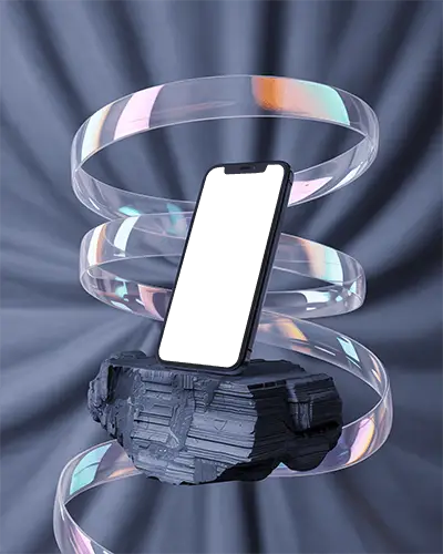 futuristic-iphone-12-mockup-floating-on-dark-stone-base-with-iridescent-spiral-rings-background