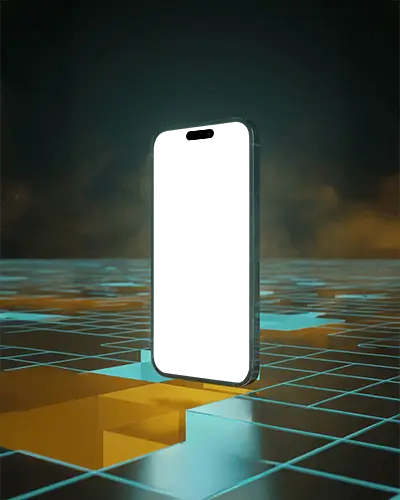 Digital Grid Iphone 16 Pro Mockup Floating Smartphone Scifi Environment With Glowing Tiles