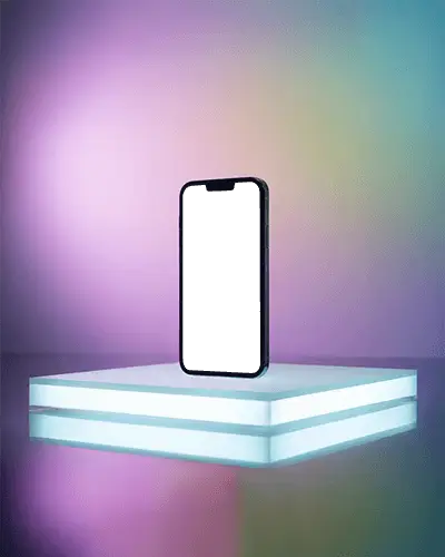 Sleek Iphone 14 Mockup Modern Tech Visual On Illuminated Podium Against Gradient Glow