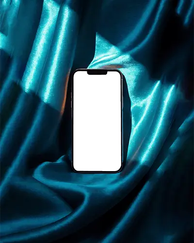 Bold Iphone 13 Mockup Stylish Dark Smartphone Against Glossy Blue Satin Lighting