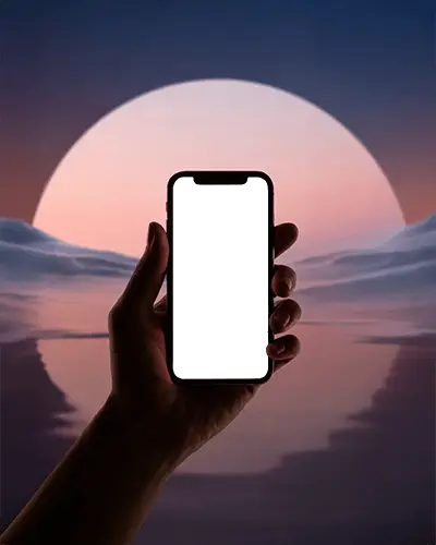 Iphone 12 Mockup Handheld Smartphone Silhouette Against Dreamy Sunset Horizon Minimal Style