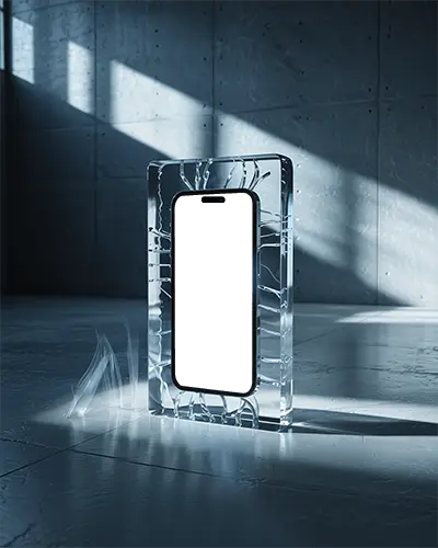 Iphone 15 Pro Mockup Futuristic Smartphone Display Encased In Broken Glass Sci Fi Setting