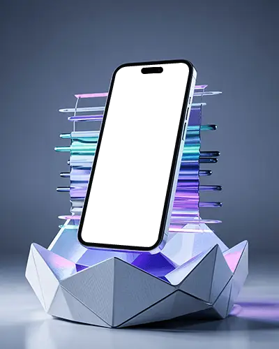 Iphone 14 Pro Mockup Premium Smartphone On Futuristic Geometric Stand With Neon Glow Layers
