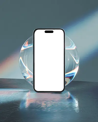 Iphone 15 Mockup Premium Smartphone Standing In Front Of Crystal Sphere With Rainbow Light