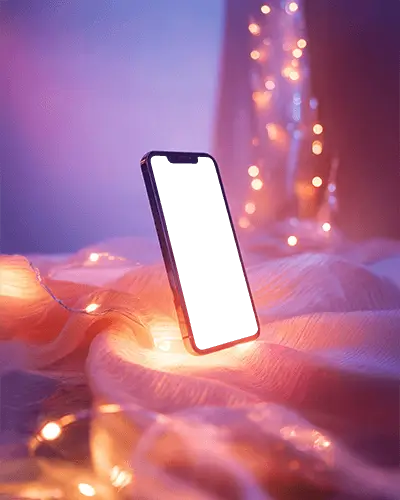 Iphone 13 Mockup Premium Smartphone Glowing Among Fairy Lights On Soft Fabric Dreamy Display