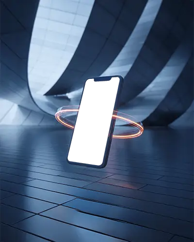 Iphone 14 Mockup Premium Device Hovering In Modern Architecture With Glowing Circular Light
