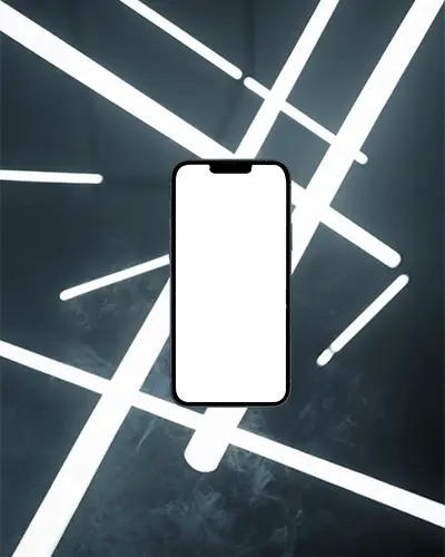 Iphone 13 Mockup Premium Device Hovering Against Bright Light Beams And Foggy Cinematic Backdrop