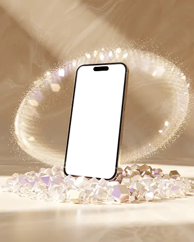 Iphone 15 Pro Mockup Stunning Device Display Surrounded By Shimmering Light And Crystal Base