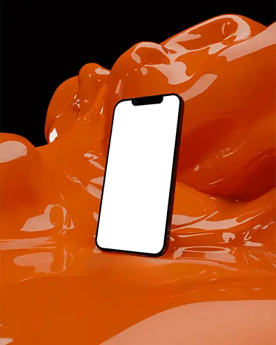 Iphone 14 Mockup Stylish Device Showcase Against Fluid Orange Background With Futuristic Glow