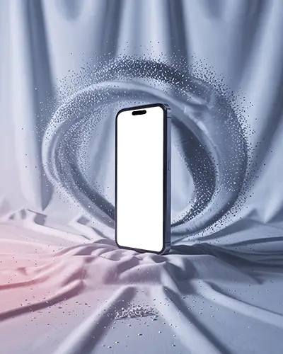 Iphone 16 Mockup Premium Smartphone With Swirling Particle Vortex On Draped Fabric Background