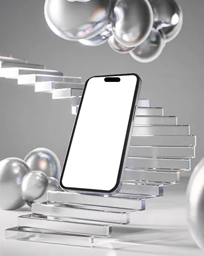Iphone 15 Mockup Premium Smartphone On Floating Glass Stairs With Metallic Spheres Futuristic