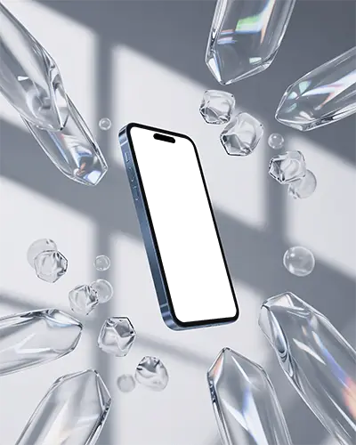 Iphone 16 Pro Mockup Premium Smartphone Floating Among Glass Crystals In Modern Studio Light