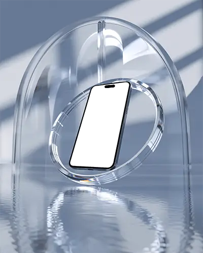 Iphone 14 Pro Mockup Premium Smartphone Framed In Glass Arc And Ring With Modern Studio Light