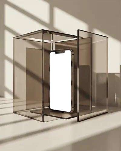 Iphone 13 Mockup Premium Smartphone Enclosed In Minimal Glass Cube With Sunlight And Shadows