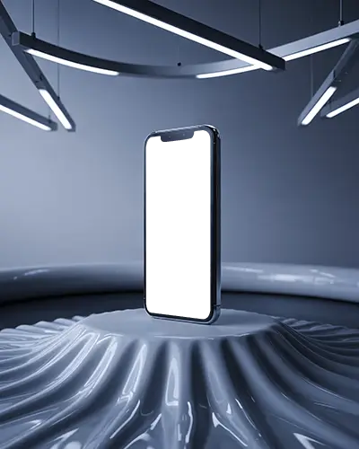 Iphone 12 Mockup Premium Smartphone On Futuristic Pedestal With Modern Neon Light Installation