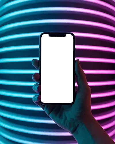 Iphone 12 Mockup Smartphone In Hand Against Cyberpunk Neon Striped Background Blue And Pink Glow