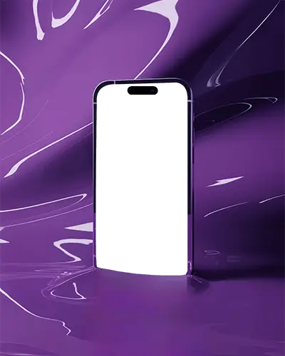 Iphone 16 Mockup Premium Smartphone Standing In Glossy Liquid Purple Surface With Futuristic Glow