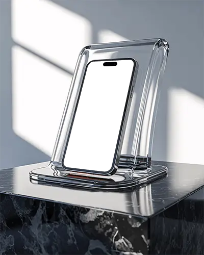 Iphone 15 Pro Mockup Premium Smartphone In Transparent Glass Stand On Black Marble Surface