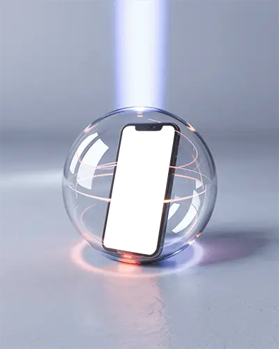 Iphone 12 Mockup Premium Smartphone Inside Transparent Glass Sphere With Futuristic Light Glow
