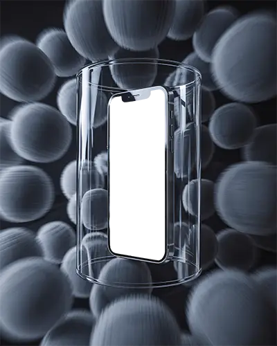 Iphone 14 Mockup Premium Smartphone In Transparent Glass Cylinder Surrounded By Floating Spheres