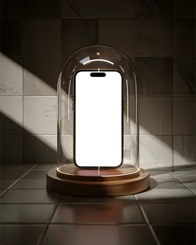 Iphone 16 Pro Mockup Premium Smartphone Under Glass Dome On Wooden Base With Dramatic Lighting
