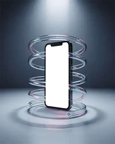 Iphone 14 Mockup Premium Smartphone Framed By Glowing Transparent Rings Under Studio Spotlight