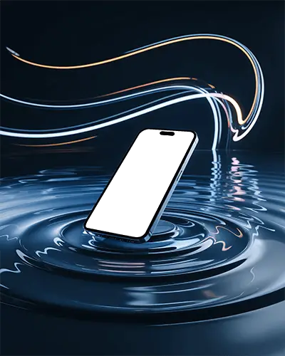 Iphone 15 Plus Mockup Floating On Water With Dynamic Light Trails Futuristic Minimal Scene