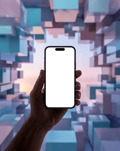 Futuristic Iphone 15 Mockup Hand Holding In Abstract Cube Cityscape With Soft Sunset Light