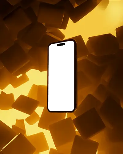 Iphone 14 Pro Mockup Floating In Golden Abstract Cube Space With Dramatic Luxury Lighting
