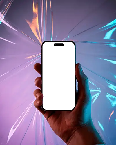 Modern Iphone 15 Mockup Blank Screen Displayed In Hand Against Colorful Abstract Backdrop