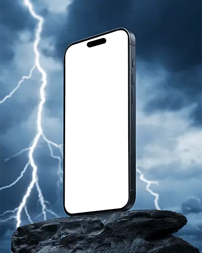 Sleek Modern Iphone 16 Plus Mockup Standing On Rock Lightning Background Digital Device Presentation