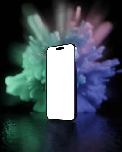 Stylish Iphone 16 Mockup Presented Upright With Reflective Base And Vivid Colorful Lighting Effect