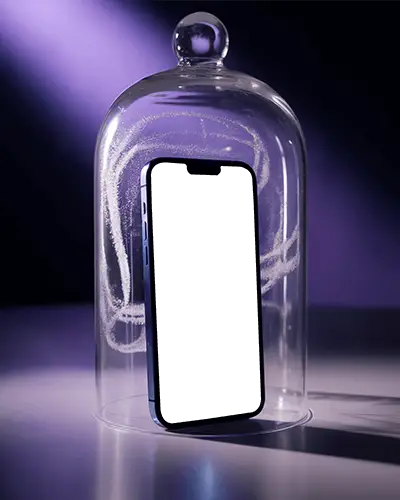 Premium Iphone 14 Mockup Showcasing Sleek Edges Under Glass Dome With Atmospheric Lighting Effect