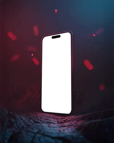Dramatic Dual Tone Lighting Iphone 15 Mockup Standing Device In Dark Textured Scene