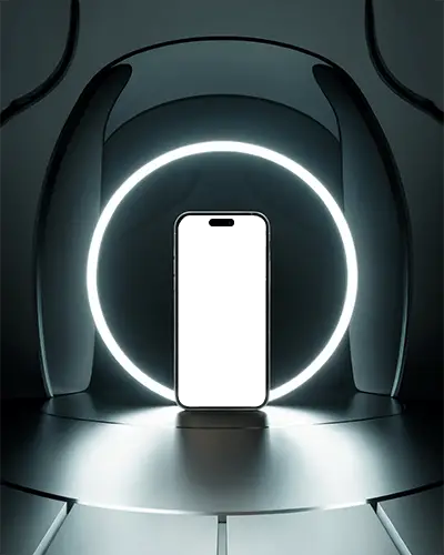 Futuristic Ringlight Iphone 14 Pro Mockup Phone Centered In Sleek Metallic Pod