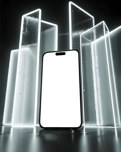 Luminous Architectural Iphone 15 Plus Mockup Phone In Front Of Glowing Glass Structures