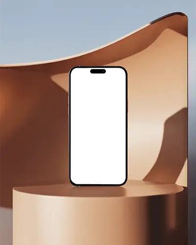 Warm Architectural Iphone 15 Pro Mockup Phone On Smooth Curved Modern Podium