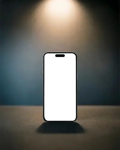 Dramatic Spotlight Iphone 16 Plus Mockup Phone Standing In Moody Focused Light