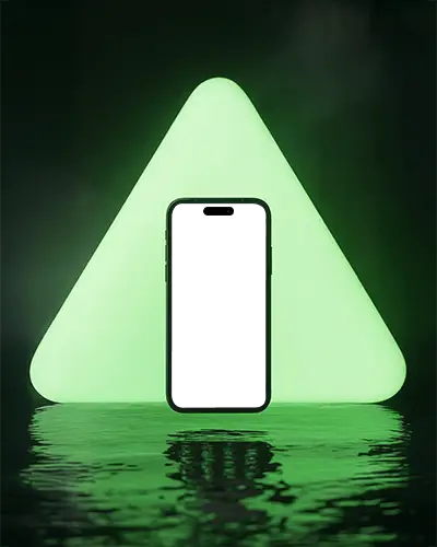 Neon Green Triangle Iphone 15 Mockup Phone Centered Before Glowing Geometric Shape
