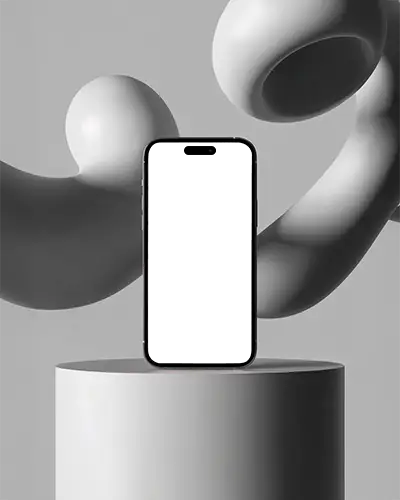 Abstract Sculptural Shapes Iphone 15 Mockup Phone On Minimal Round Podium